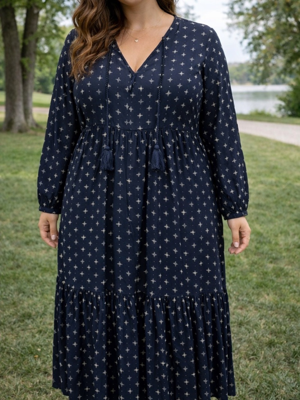 Madewell Navy Long-Sleeve Floral-Print Midi Dress Size 12 100% Silk